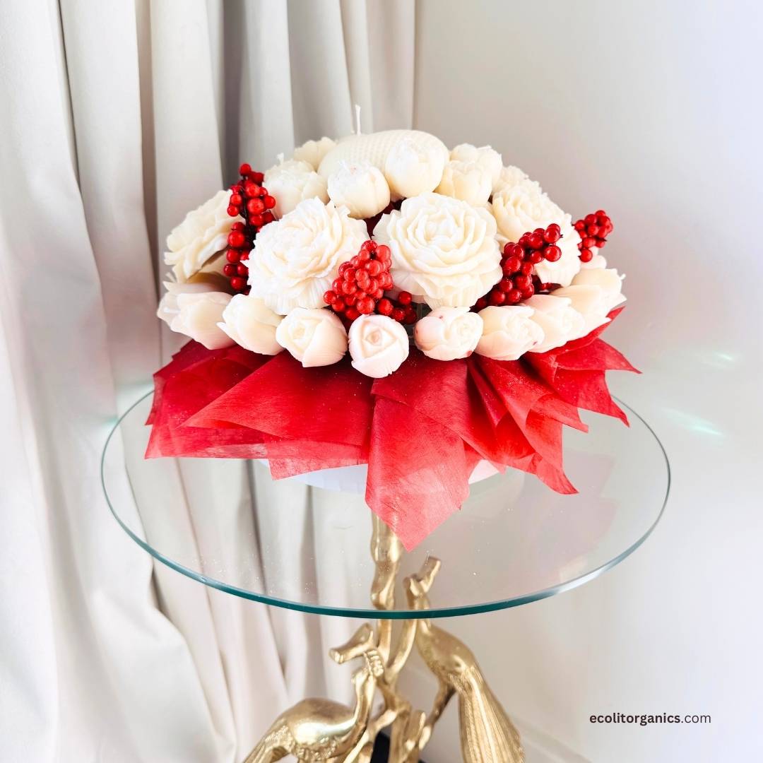 Holiday Bloom Candle Bouquet | Amber & Musk Scent | Festive Handmade Gift | Ecolit Organics